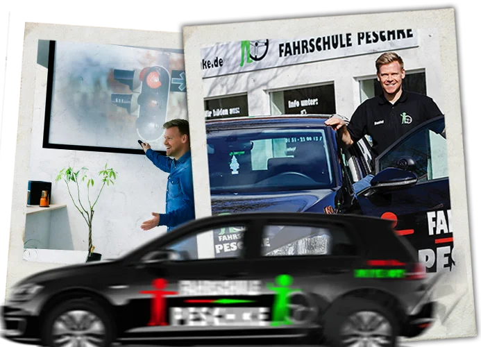 Fahrlehrer beim Theorieunterricht und vor dem Ausbildungsfahrzeug der Fahrschule Peschke